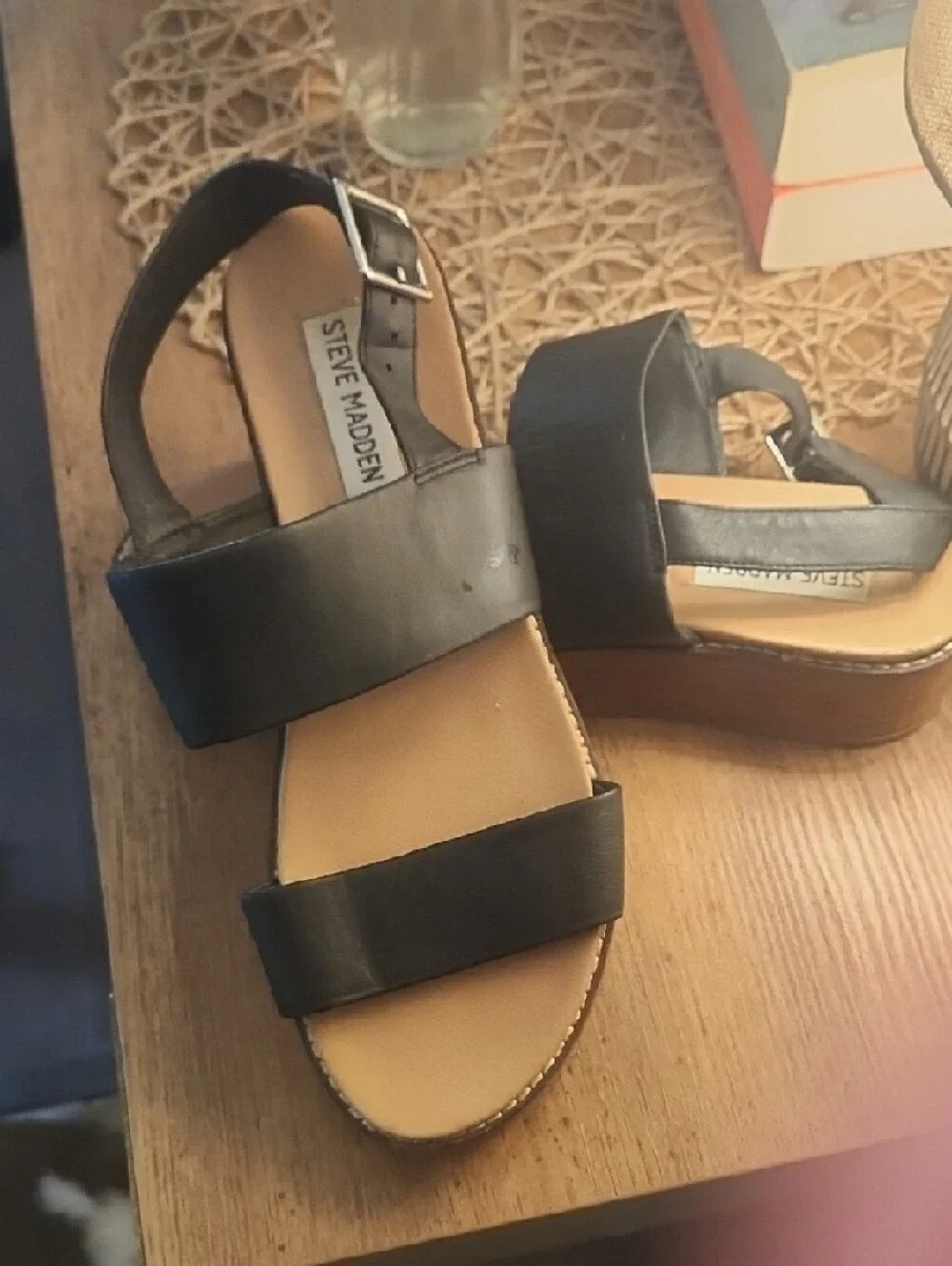 Steve‎ Madden Black Leather Platform Slide Sandals